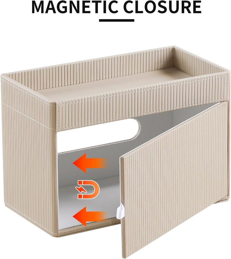 Cretkhp Tissue Box Cover Rectangle with Storage Tray, PU Leather Tissue Holder for Bathroom Vanity Countertop Night Stands Bedroom Office Desk, Stylish Rectangular Tissue Box Holder (Beige) - Image 3